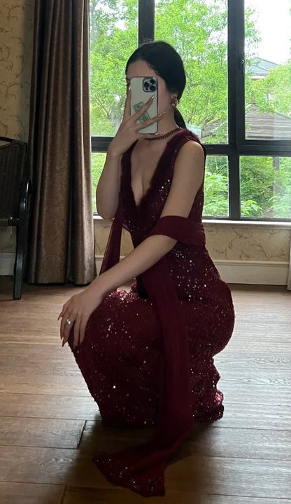 90s Shiny Prom Dress Wine Red V-neck Gala Gown Evening Dress Birthday Party Outfits     D5139