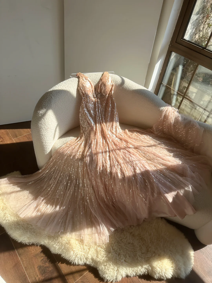 Vintage Champagne Sparkling Sequin Design Romantic Chiffon Evening Dress Prom Dress D1513