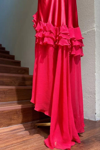 Vintage Prom Dress Red Straps Ruffle Pleated Formal Gala Gown Evening Dress Birthday Party Outfits     D5144