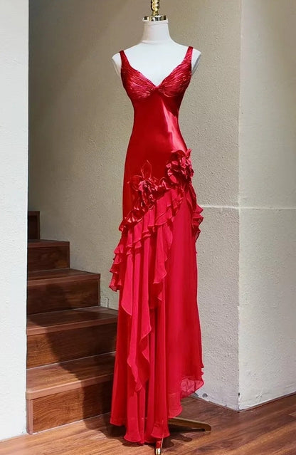 Vintage Prom Dress Red Straps Ruffle Pleated Formal Gala Gown Evening Dress Birthday Party Outfits     D5144