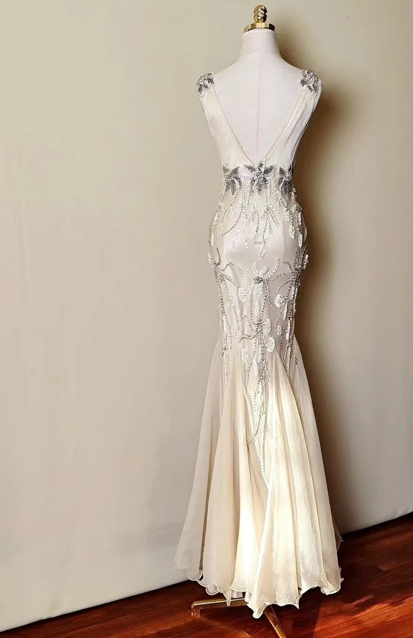 Elegant Prom Dress V-neck Beading Mermaid Gala Gown Evening Dress Birthday Party Outfits     D5154