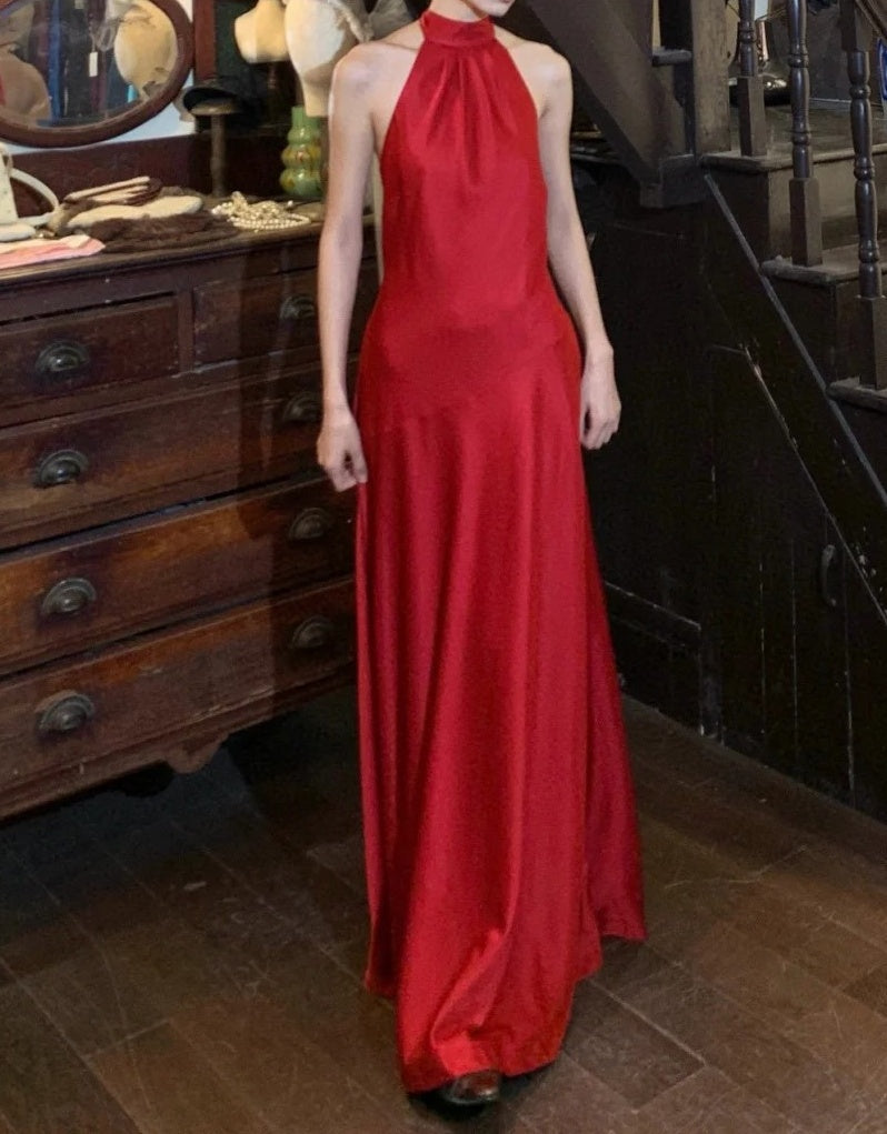 Beauty Prom Dress Satin Halter Gala Gown Evening Dress Graduation Dress     D5165