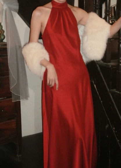 Beauty Prom Dress Satin Halter Gala Gown Evening Dress Graduation Dress     D5165