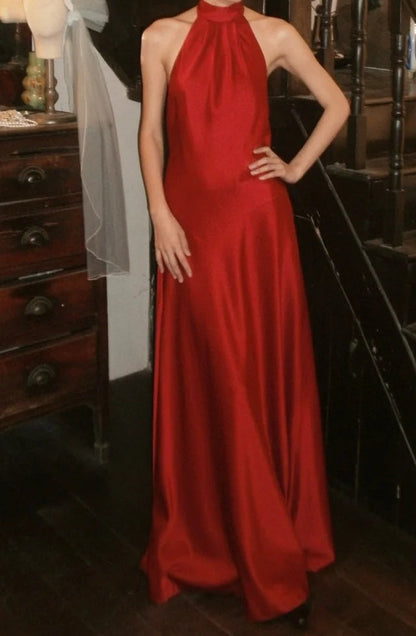 Beauty Prom Dress Satin Halter Gala Gown Evening Dress Graduation Dress     D5165