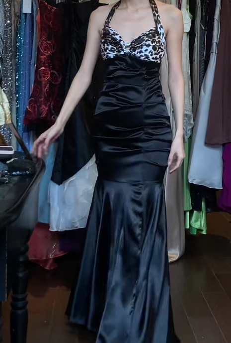 Fashion Prom Dress leopard Print Halter Pleated Mermaid Gala Gown Fomal Evening Dress Graduation Dress     D5187