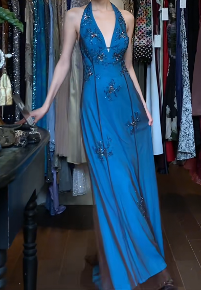 Stunning Prom Dress A Line Blue Halter Gala Gown Fomal Evening Dress Graduation Dress     D5191