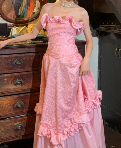 Beauty Prom Dress A Line Pink Strapless Ruffle Gala Gown Fomal Evening Dress Graduation Dress     D5196