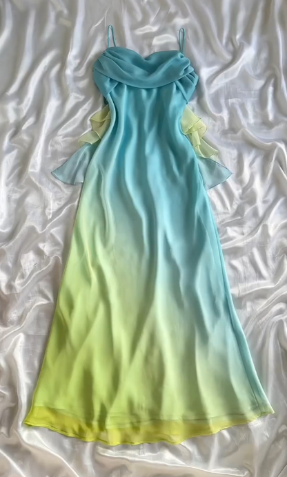 Vintage Blue Green Ombre A Line Straps Chiffon Long Prom Dress Wedding Guest Dress SH5457