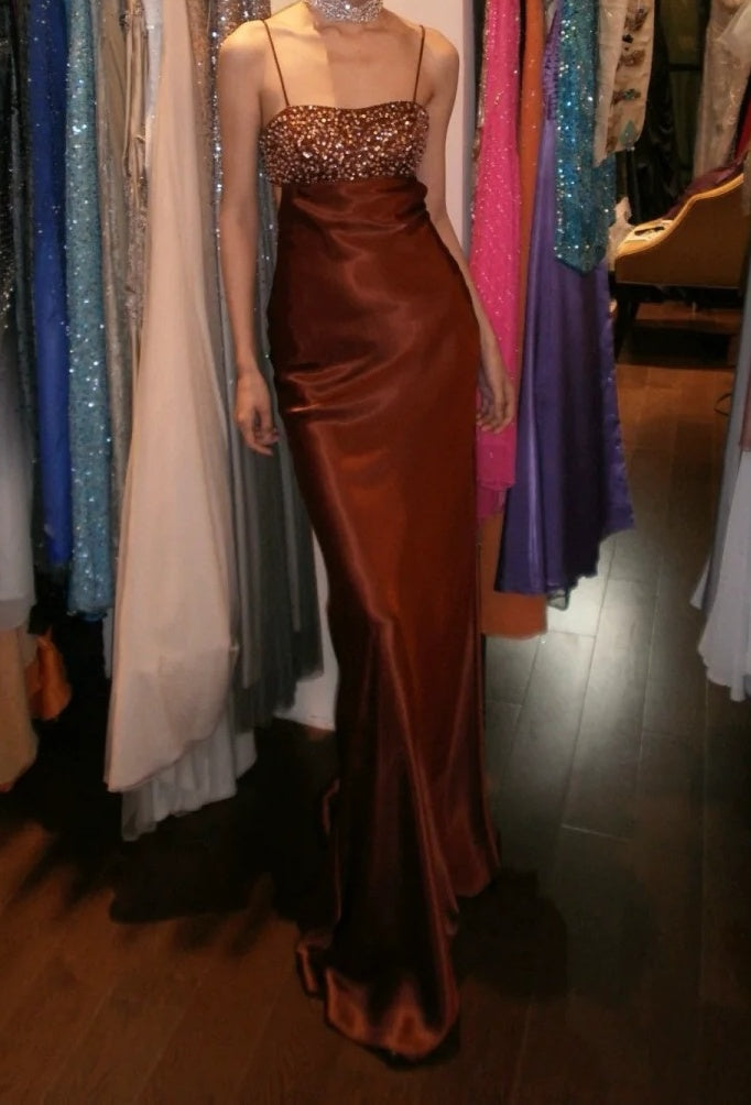 Elegant Prom Dress Satin Spaghetti Straps Beading Gala Gown Formal Evening Dress Graduation Dress    D5202