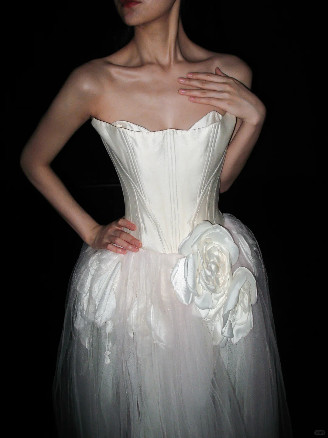 Unique A Line Strapless 3D Floral White Satin Tulle Long Wedding Dress SH5964