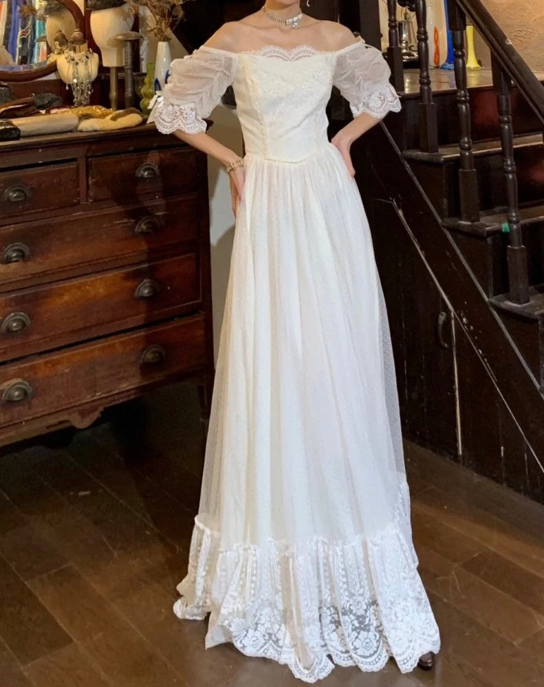 Charming 90s Wedding Dress A Line Off Shoulder Pleated Wedding Dress Party Dress  D5226