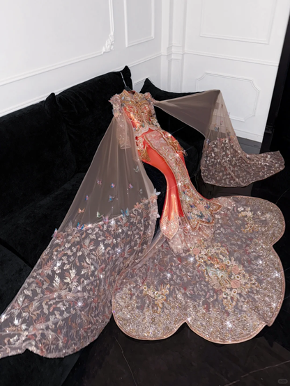 Gorgeous Shiny Beaded Exquisite Embroidery 3D Butterflies Mermaid Floor-length Evening Dress Prom Dresses D1663