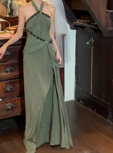Vintage 50s Prom Dress Halter Pleated Gala Gown Evening Dress    D5267