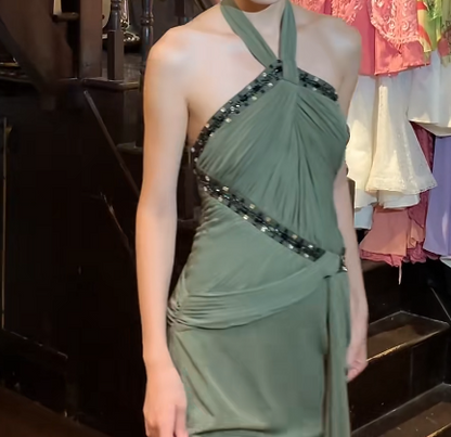 Vintage 50s Prom Dress Halter Pleated Gala Gown Evening Dress    D5267