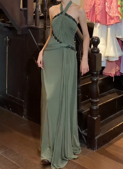 Vintage 50s Prom Dress Halter Pleated Gala Gown Evening Dress    D5267