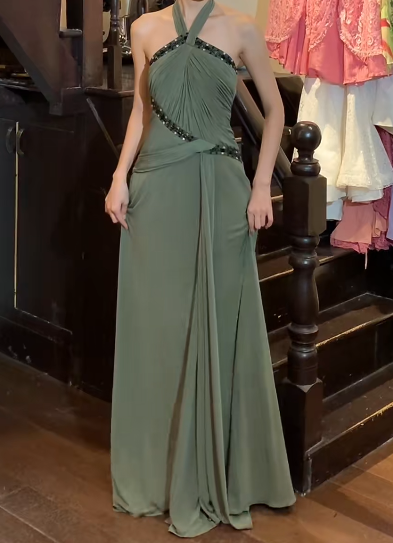 Vintage 50s Prom Dress Halter Pleated Gala Gown Evening Dress    D5267