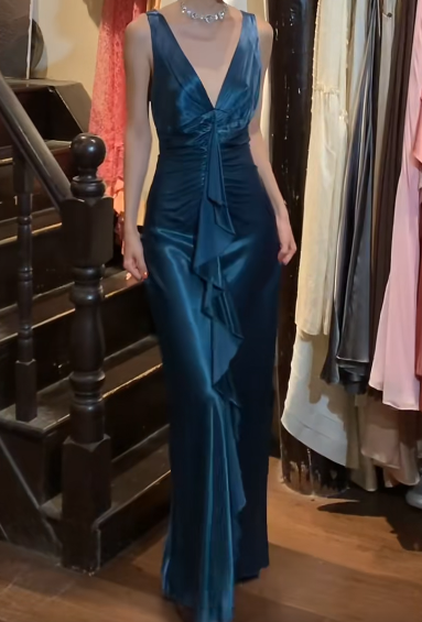 Vintage 50s Prom Dress V-neck Backless Pleated Gala Gown Evening Dress    D5268