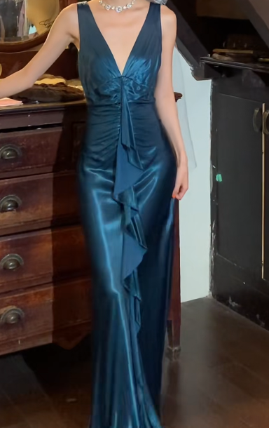 Vintage 50s Prom Dress V-neck Backless Pleated Gala Gown Evening Dress    D5268