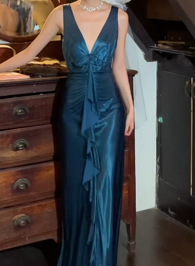 Vintage 50s Prom Dress V-neck Backless Pleated Gala Gown Evening Dress    D5268