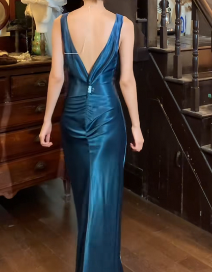 Vintage 50s Prom Dress V-neck Backless Pleated Gala Gown Evening Dress    D5268