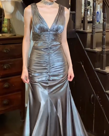Vintage 50s Prom Dress V-neck Pleated Mermaid Gala Gown Evening Dress    D5269