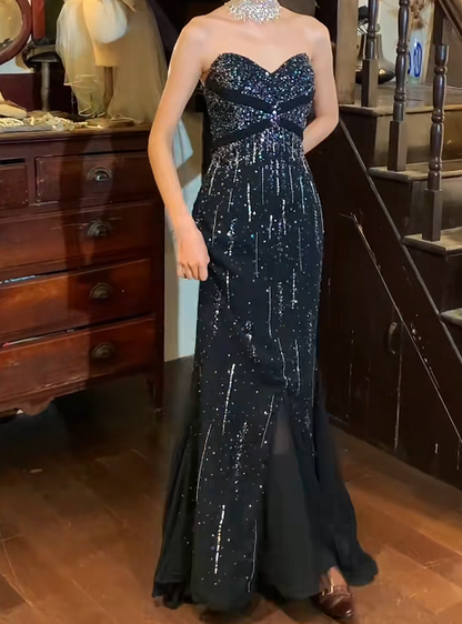 Gorgeous Prom Dress Black Satin A Line Sweetheart Beaded Gala Gown Evening Dress    D5275