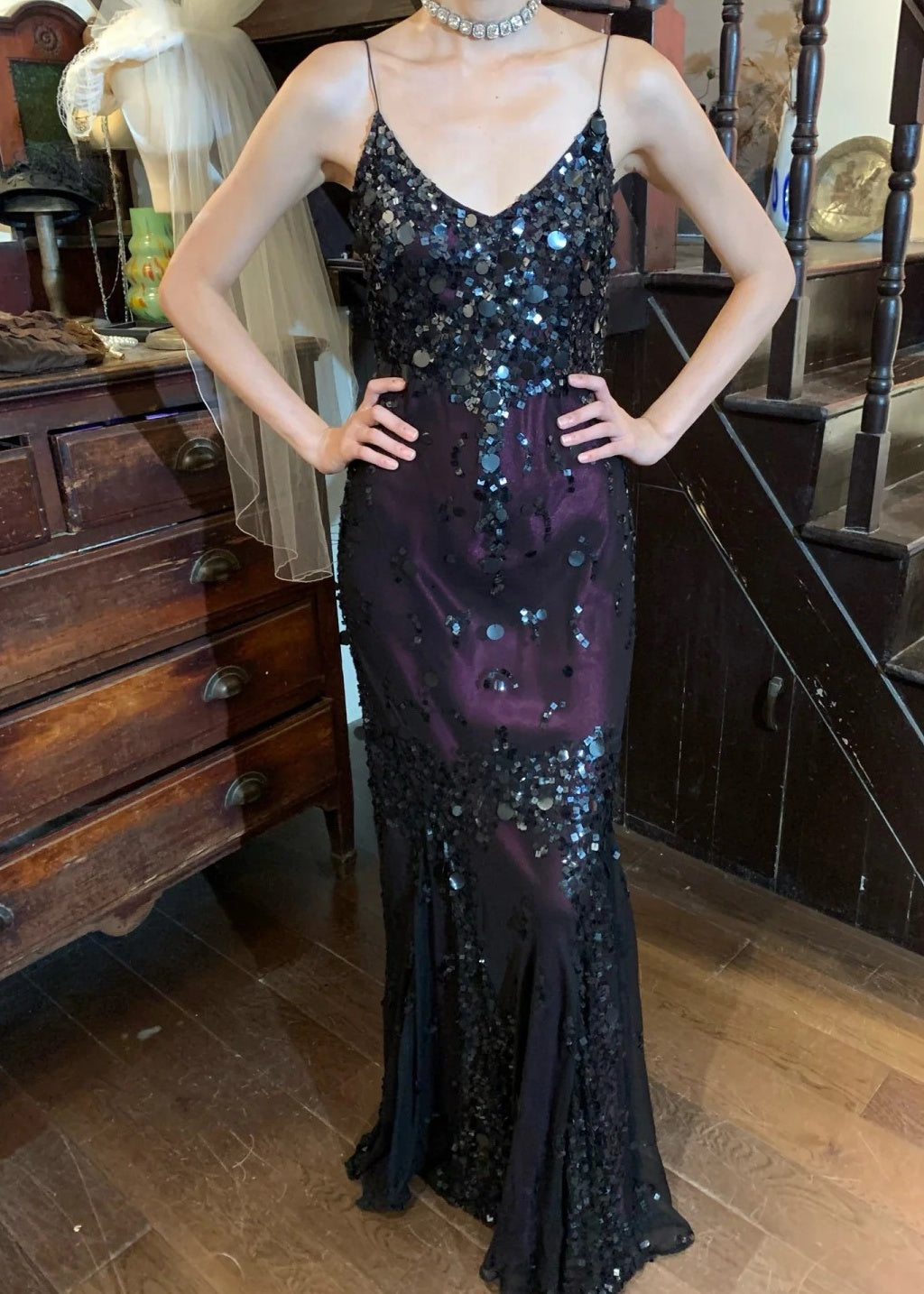 Vintage 90s Prom Dress Spaghetti Straps Sequins Mermaid Gala Gown Evening Dress    D5282