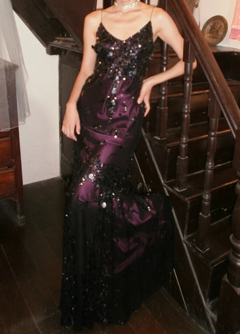 Vintage 90s Prom Dress Spaghetti Straps Sequins Mermaid Gala Gown Evening Dress    D5282