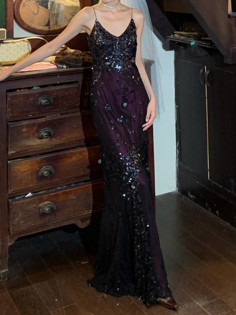 Vintage 90s Prom Dress Spaghetti Straps Sequins Mermaid Gala Gown Evening Dress    D5282