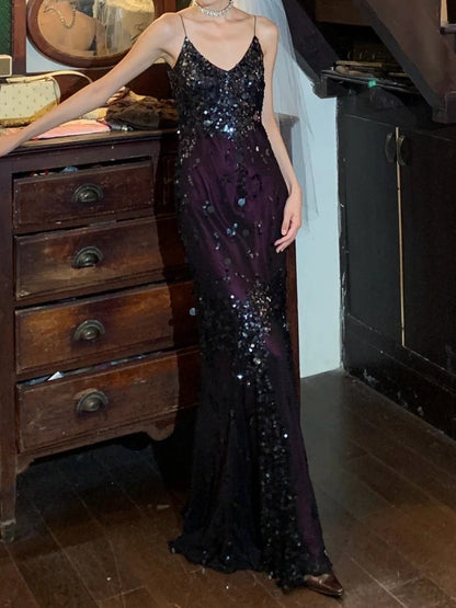 Vintage 90s Prom Dress Spaghetti Straps Sequins Mermaid Gala Gown Evening Dress    D5282