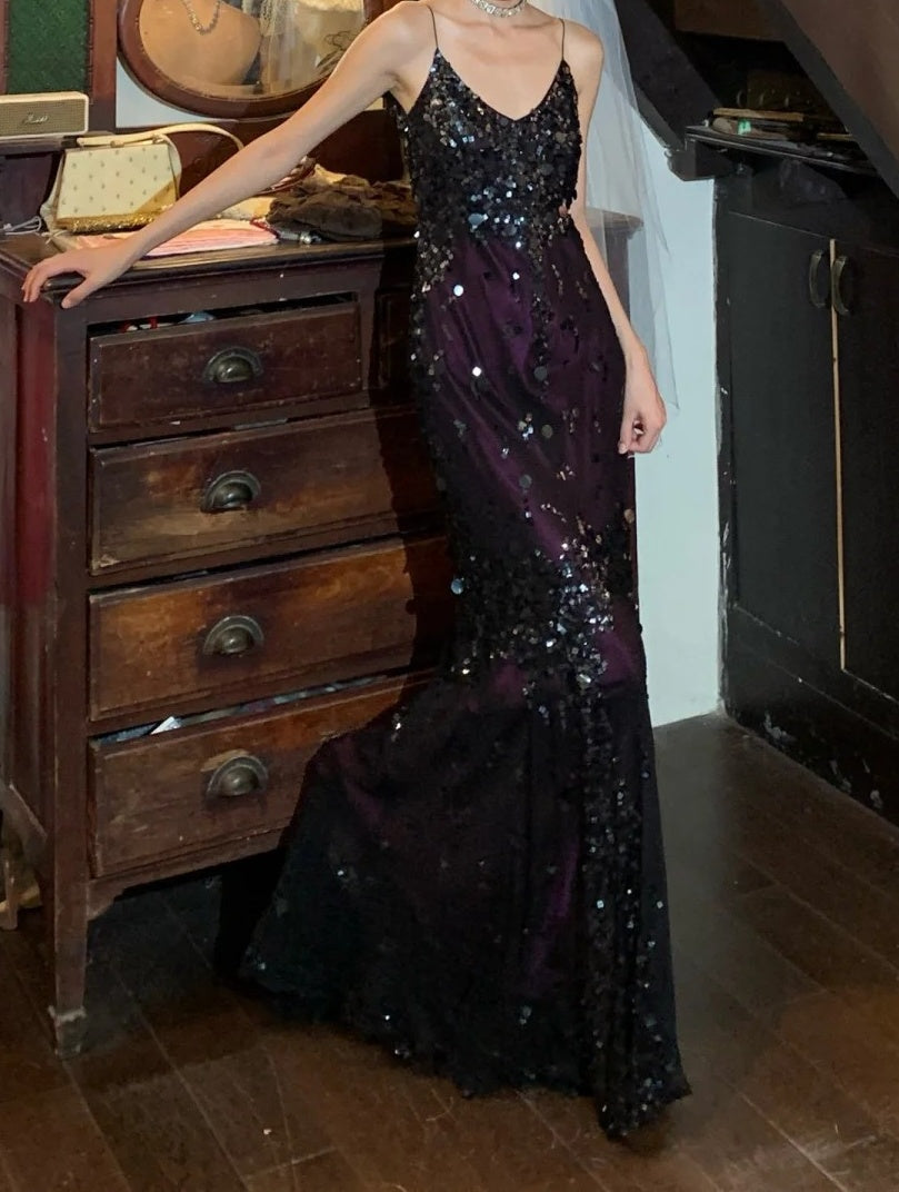 Vintage 90s Prom Dress Spaghetti Straps Sequins Mermaid Gala Gown Evening Dress    D5282