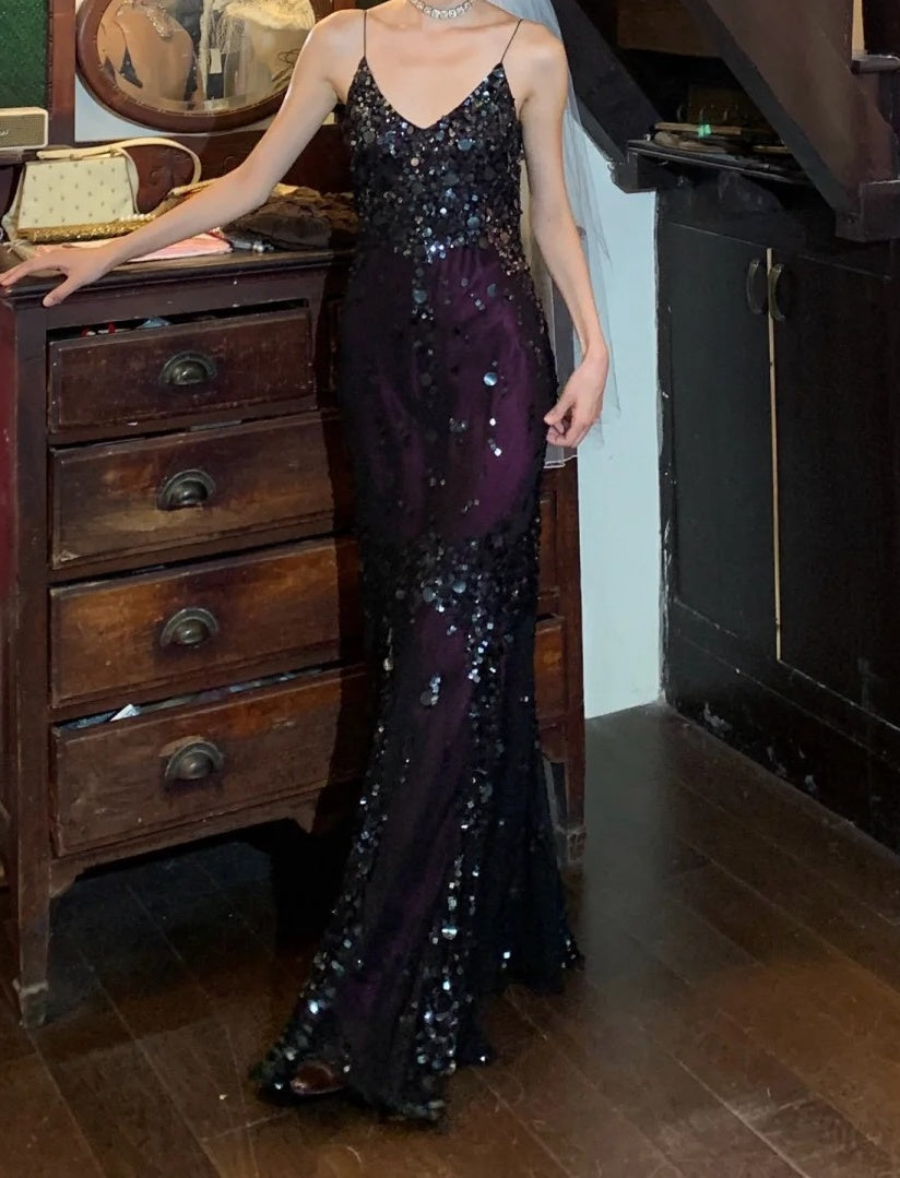 Vintage 90s Prom Dress Spaghetti Straps Sequins Mermaid Gala Gown Evening Dress    D5282