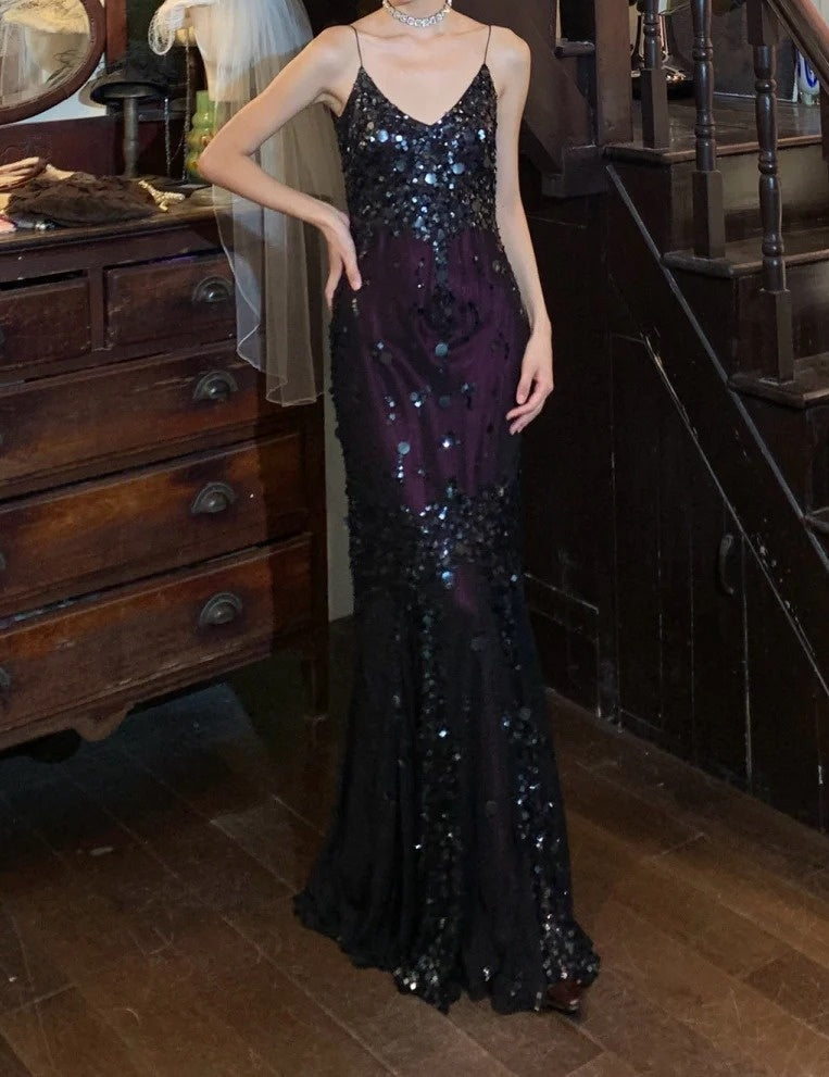 Vintage 90s Prom Dress Spaghetti Straps Sequins Mermaid Gala Gown Evening Dress    D5282