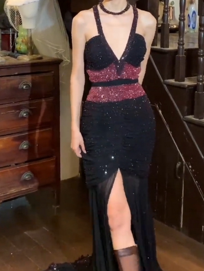 Charming 90s Prom Dress Halter Mermaid Gala Gown Evening Dress    D5288
