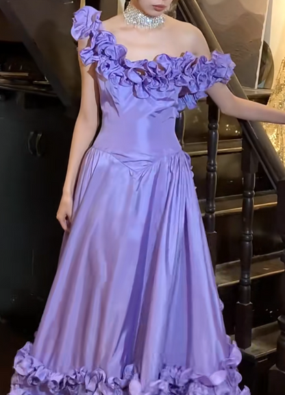 Vintage 90s Prom Dress Satin Light Purple Off Shoulder Pleated Gala Gown Evening Dress  D5292