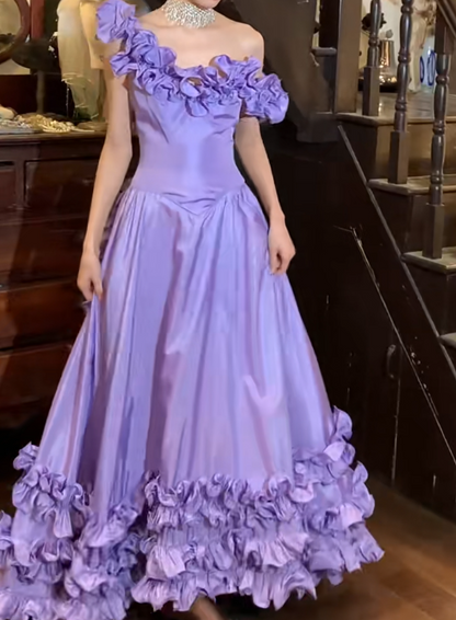 Vintage 90s Prom Dress Satin Light Purple Off Shoulder Pleated Gala Gown Evening Dress  D5292