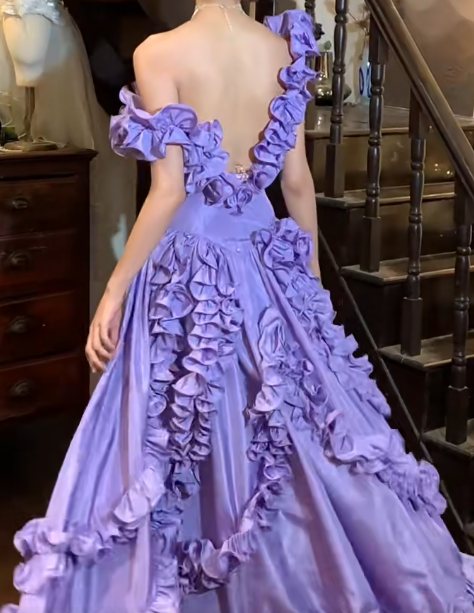 Vintage 90s Prom Dress Satin Light Purple Off Shoulder Pleated Gala Gown Evening Dress  D5292