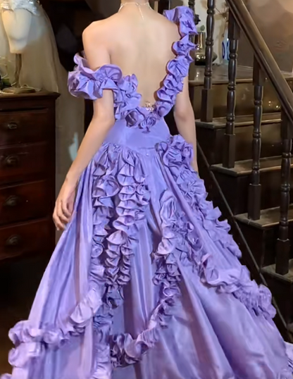 Vintage 90s Prom Dress Satin Light Purple Off Shoulder Pleated Gala Gown Evening Dress  D5292