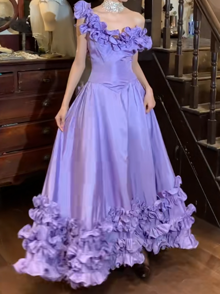 Vintage 90s Prom Dress Satin Light Purple Off Shoulder Pleated Gala Gown Evening Dress  D5292