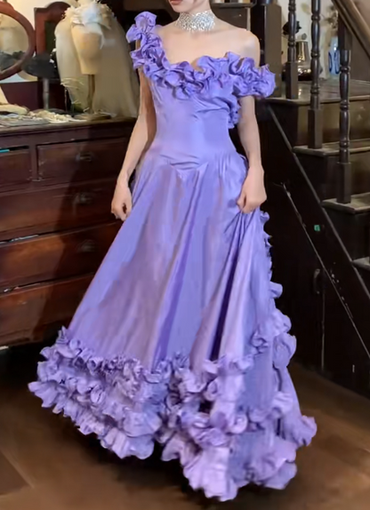 Vintage 90s Prom Dress Satin Light Purple Off Shoulder Pleated Gala Gown Evening Dress  D5292