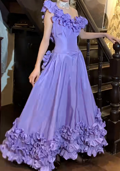 Vintage 90s Prom Dress Satin Light Purple Off Shoulder Pleated Gala Gown Evening Dress  D5292