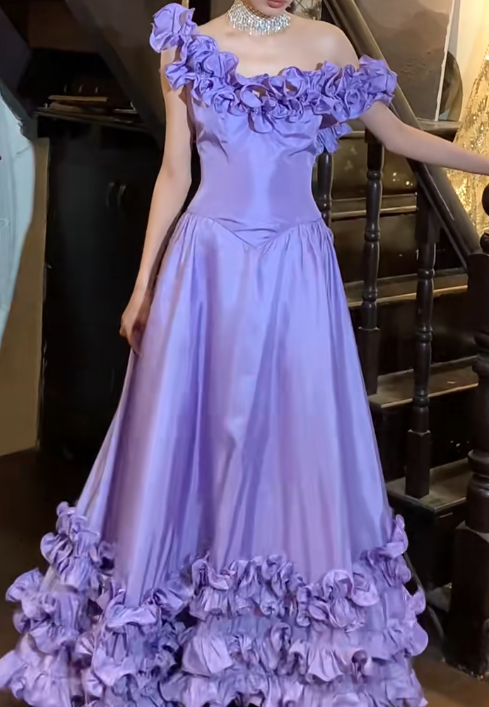 Vintage 90s Prom Dress Satin Light Purple Off Shoulder Pleated Gala Gown Evening Dress  D5292