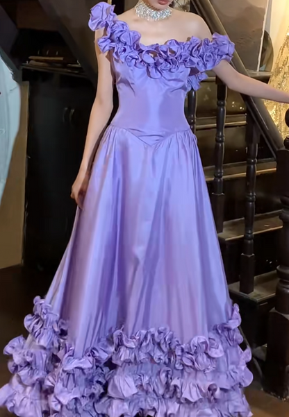 Vintage 90s Prom Dress Satin Light Purple Off Shoulder Pleated Gala Gown Evening Dress  D5292