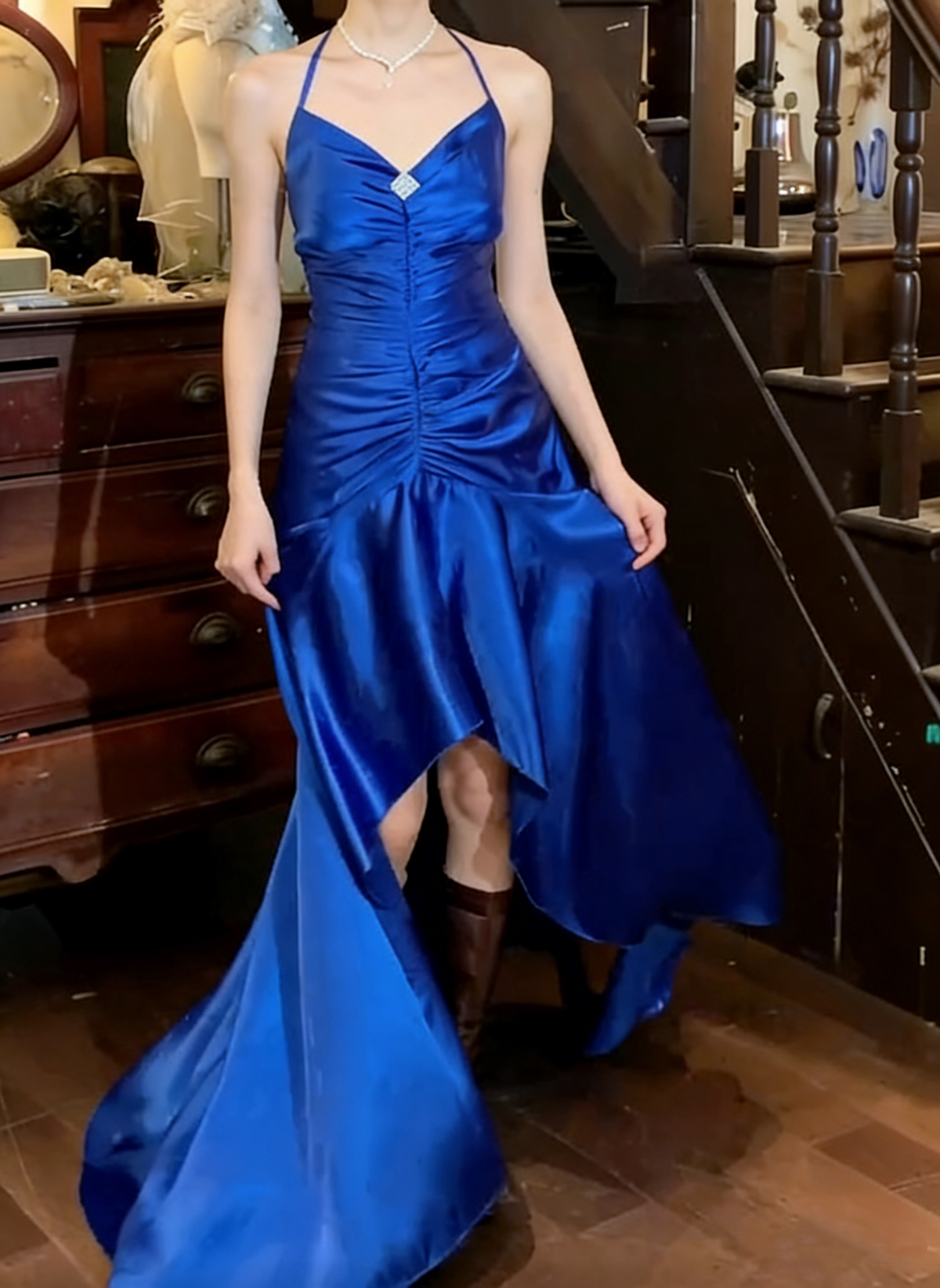90s Prom Dress Satin Royal Blue Halter Pleated Mermaid Gala Gown Evening Dress  D5295