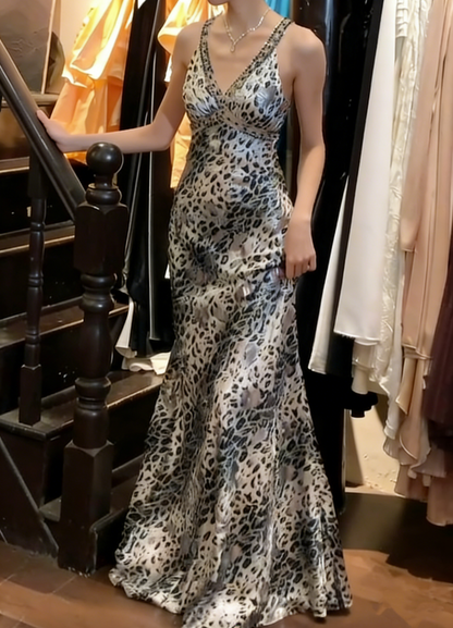 Beauty 90s Prom Dress A Line V-neck Leopard Print Party Dress Gala Gown Evening Dress  D5299