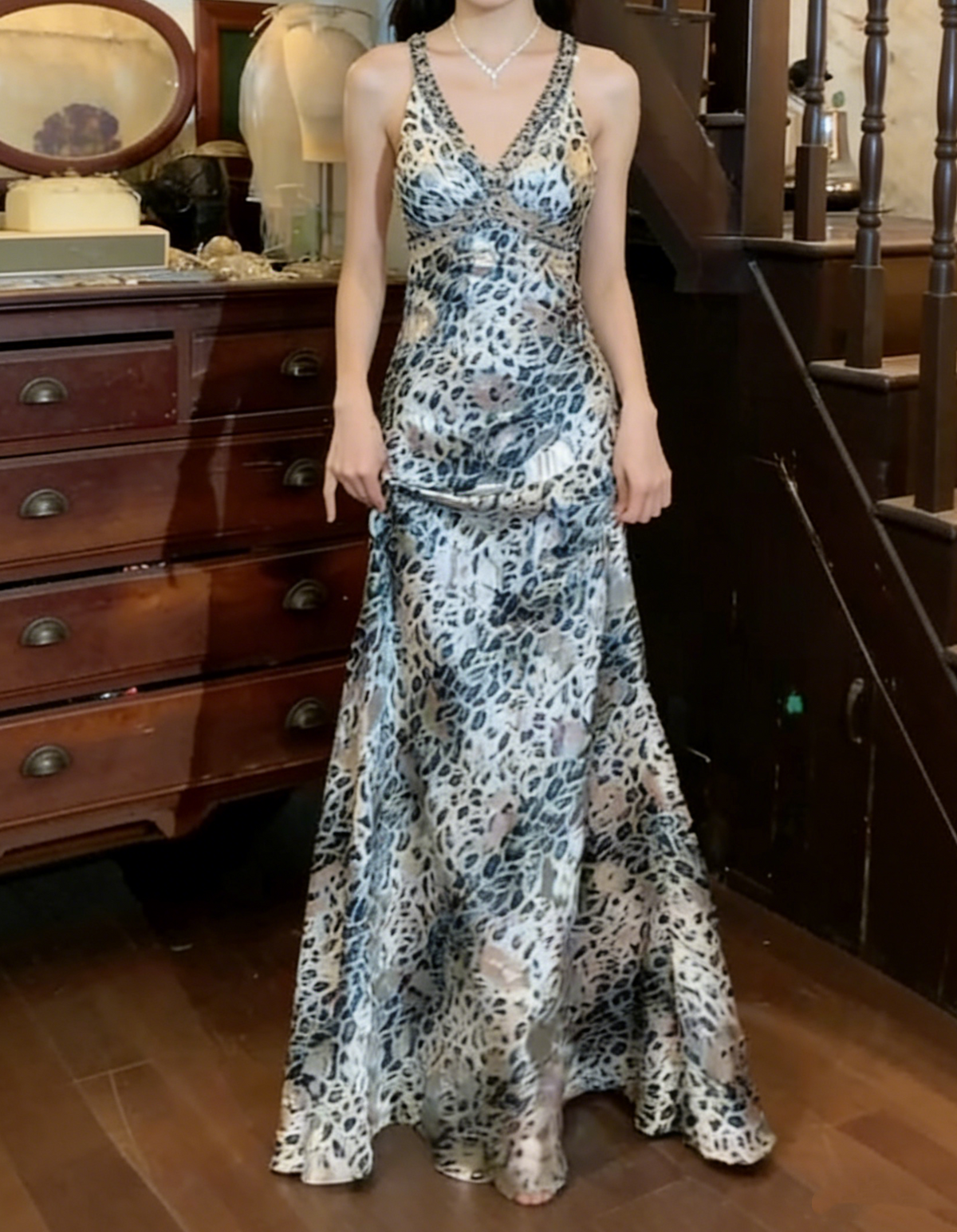 Beauty 90s Prom Dress A Line V-neck Leopard Print Party Dress Gala Gown Evening Dress  D5299