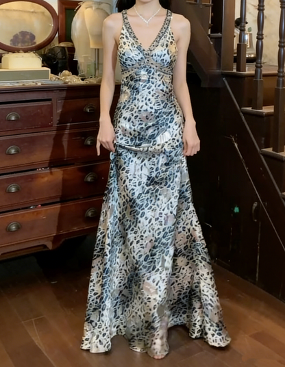 Beauty 90s Prom Dress A Line V-neck Leopard Print Party Dress Gala Gown Evening Dress  D5299