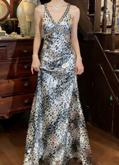 Beauty 90s Prom Dress A Line V-neck Leopard Print Party Dress Gala Gown Evening Dress  D5299