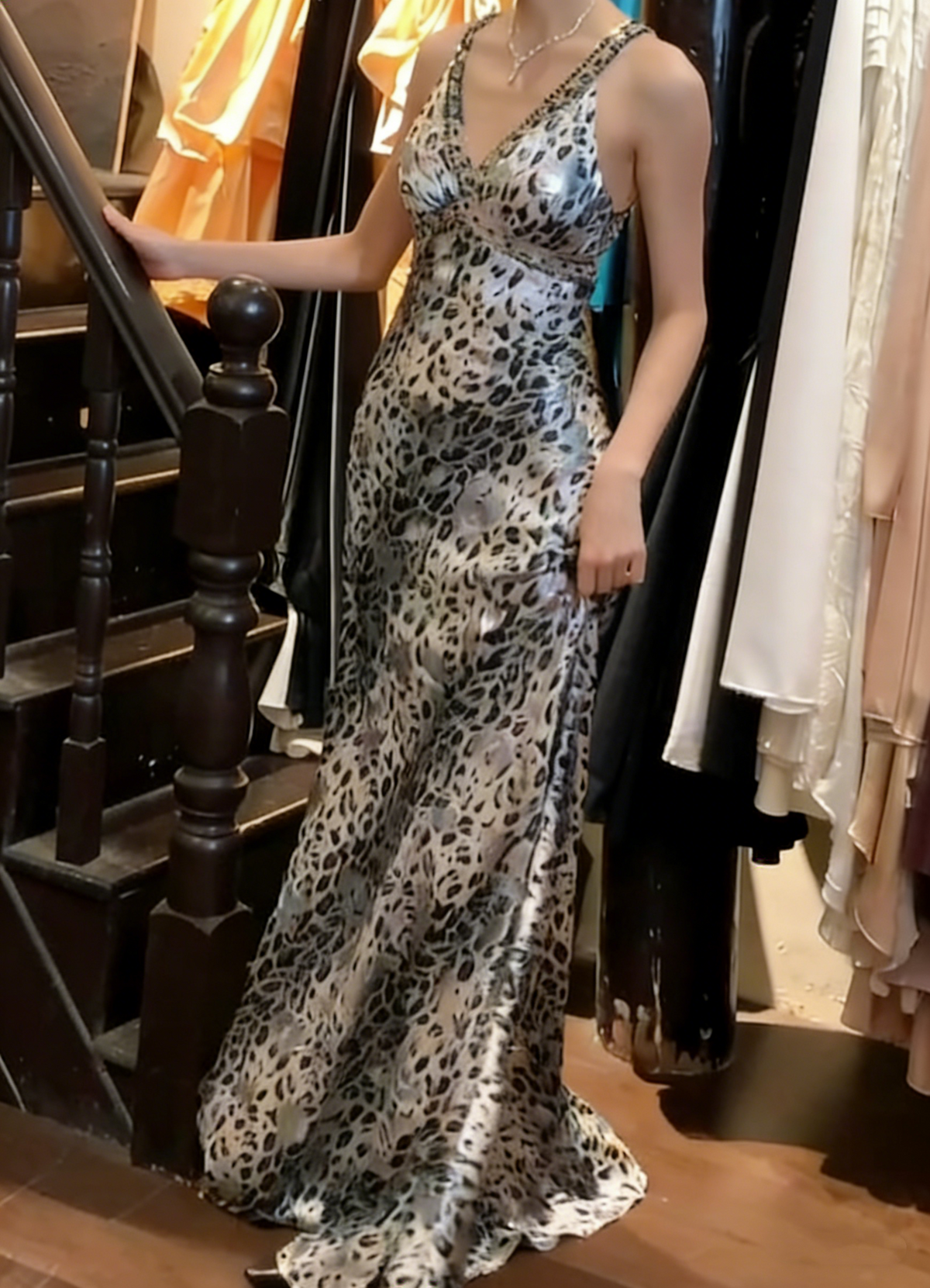 Beauty 90s Prom Dress A Line V-neck Leopard Print Party Dress Gala Gown Evening Dress  D5299