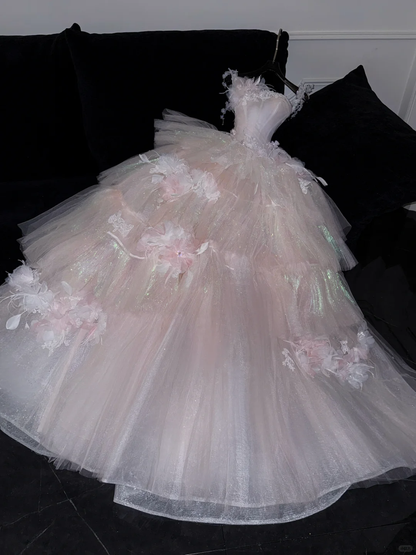 Stunning Pink A-Line Tulle Beaded Long Evening Party Dress Birthday Ball Gown, D981